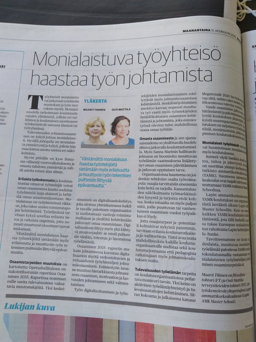 Aktiivinen työelämäyhteistyö ja tulevaisuus taitojen kehittäminen, joihin jokainen voi vaikuttaa vuorovaikutuksellaan. @LiminganKunta on vahvistamassa esimiestyötä palvelumuotoilun avulla. Suunta on siis oikea. @MaaritTihinen, <a href="/outimmattila/">Outi M Mattila</a>