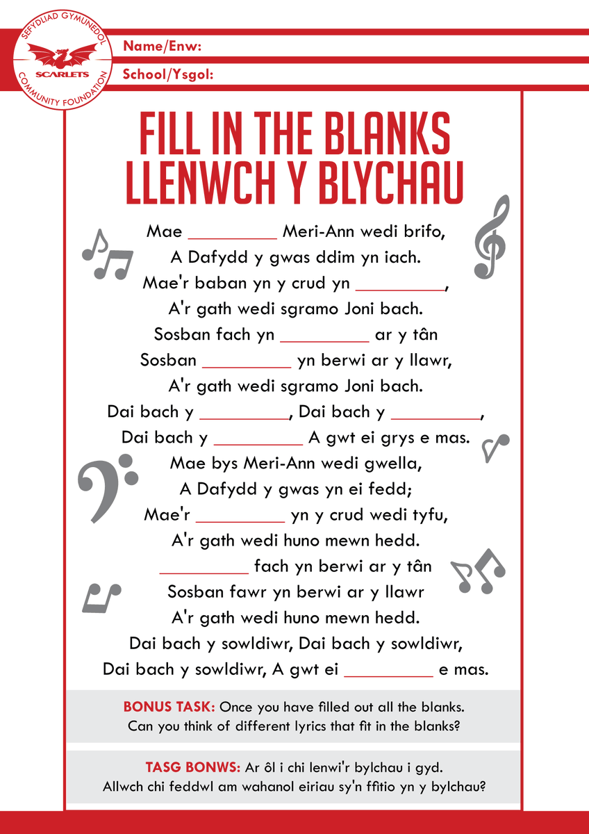 CymunedScarlets's tweet photo. It's time for a sing song... Can you help Cochyn to fill in the blanks to Sospan Fach? π΅
Mae'n amser i ganu, allwch chi helpu Cochyn i lenwi'r bylchau i'r gΓ’n Sospan Fach? πΆ
#ynyGymuned #ScarletsCommunity https://t.co/SimabgAVa9