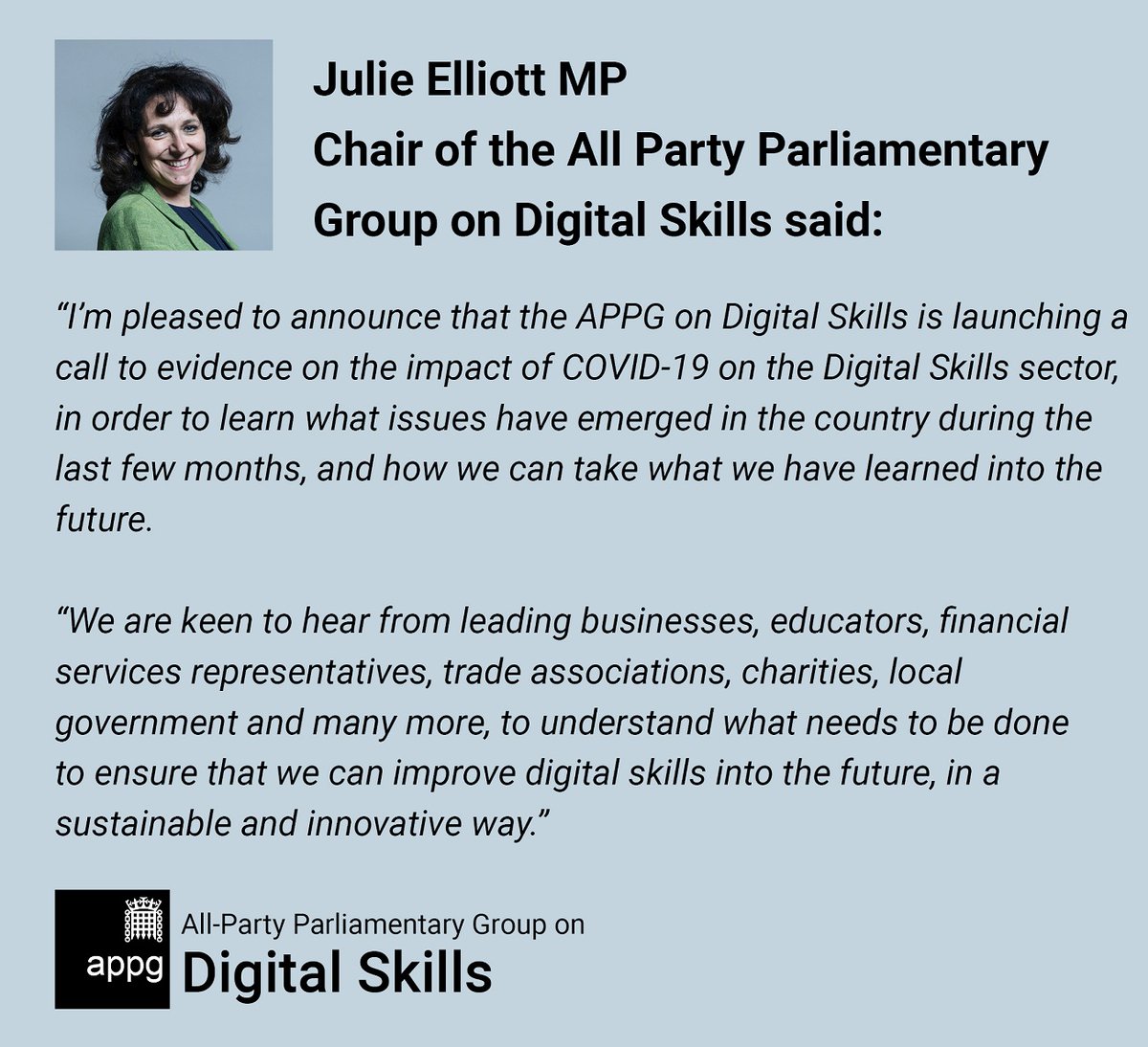 Last week our APPG launched a call to evidence on the impact of COVID-19 on digital skills. You can find out more here: bit.ly/3hxAlMi Deadline for submissions is 3rd July at 5pm