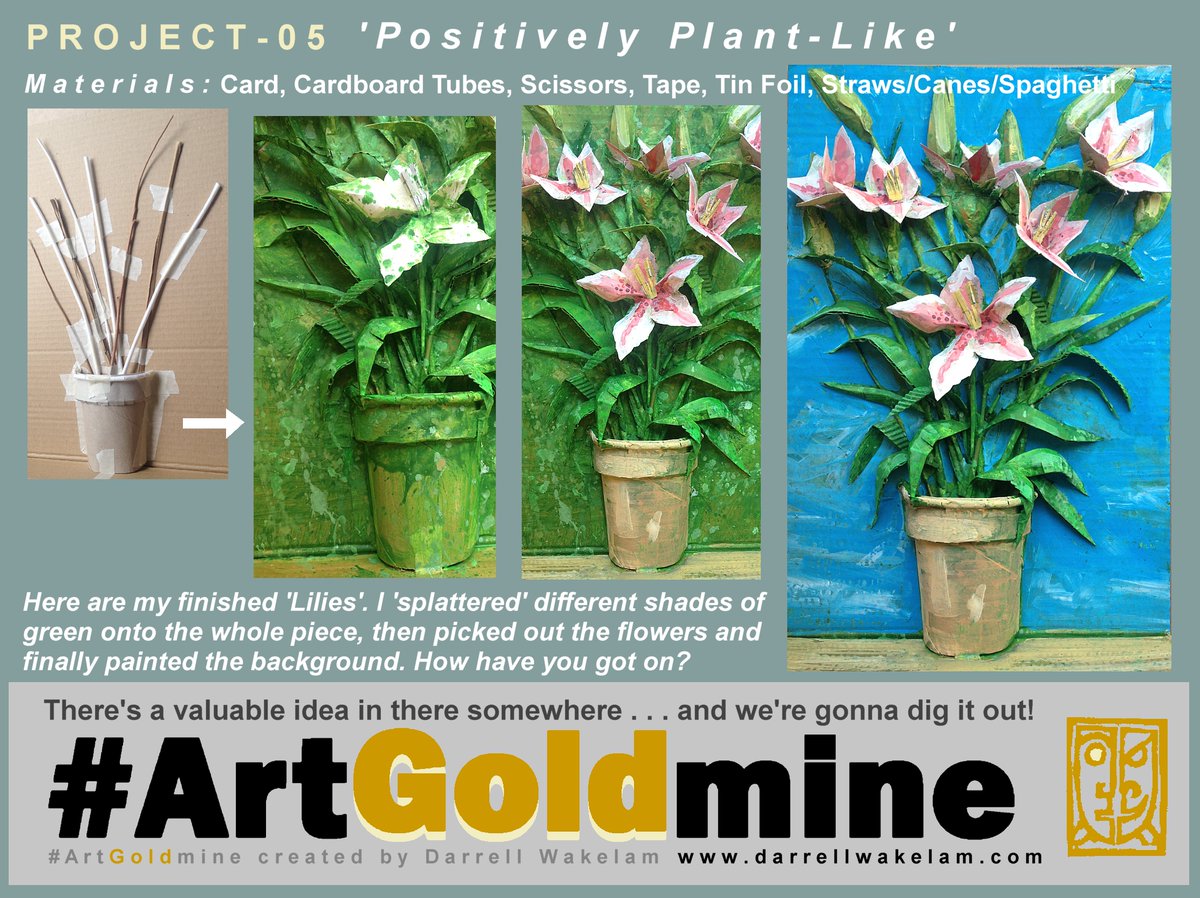 DarrellWakelam's tweet photo. My latest ART project 'Positively Plant-like' is still up and running. If you've got some scrap card and a bit of tape you can join in? I created these Lilies, what will you make? This project and another 4 similar ones are available at #ArtGoldmine. Let's make some treasure! https://t.co/f3qxlTT4I7