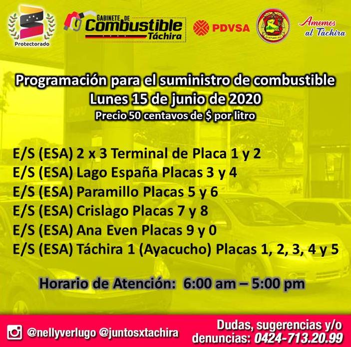 NellyverLugo's tweet photo. #GabineteDeCombustible #15Jun || INFORMA Estaciones de Servicio habilitadas en nuestro estado #TACHIRA, precio internacional 50 centavos de dólar el litro. https://t.co/SXYBUDTxSn