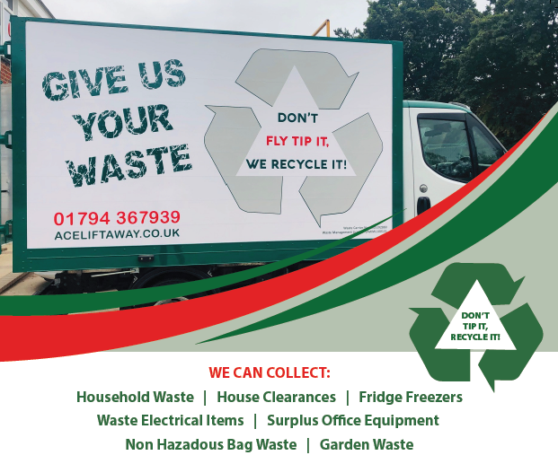AceLiftawayLtd's tweet photo. Let's Keep Britain Tidy. Always use a licensed waste clearance company to clear your rubbish. Our Box Tipper Service can remove your waste and we'll recycle 90% of it in our Recycling Centre. For more information, give us a call on 01794 367939 #rubbishremoval #dontflytip https://t.co/bOjFAh7Dxq