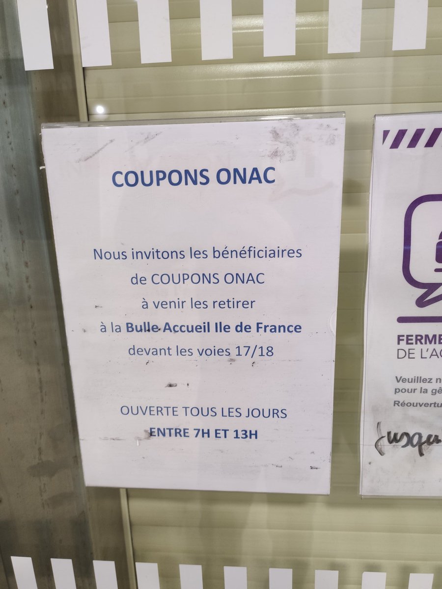 Bureau d'information fermé à Gare de l'Est. 
Impossible donc de retirer un nouveau coupon ONAC... 🤬
Merci <a href="/SNCF/">❌</a>
<a href="/Actu_Transilien/">Transilien SNCF Voyageurs</a>