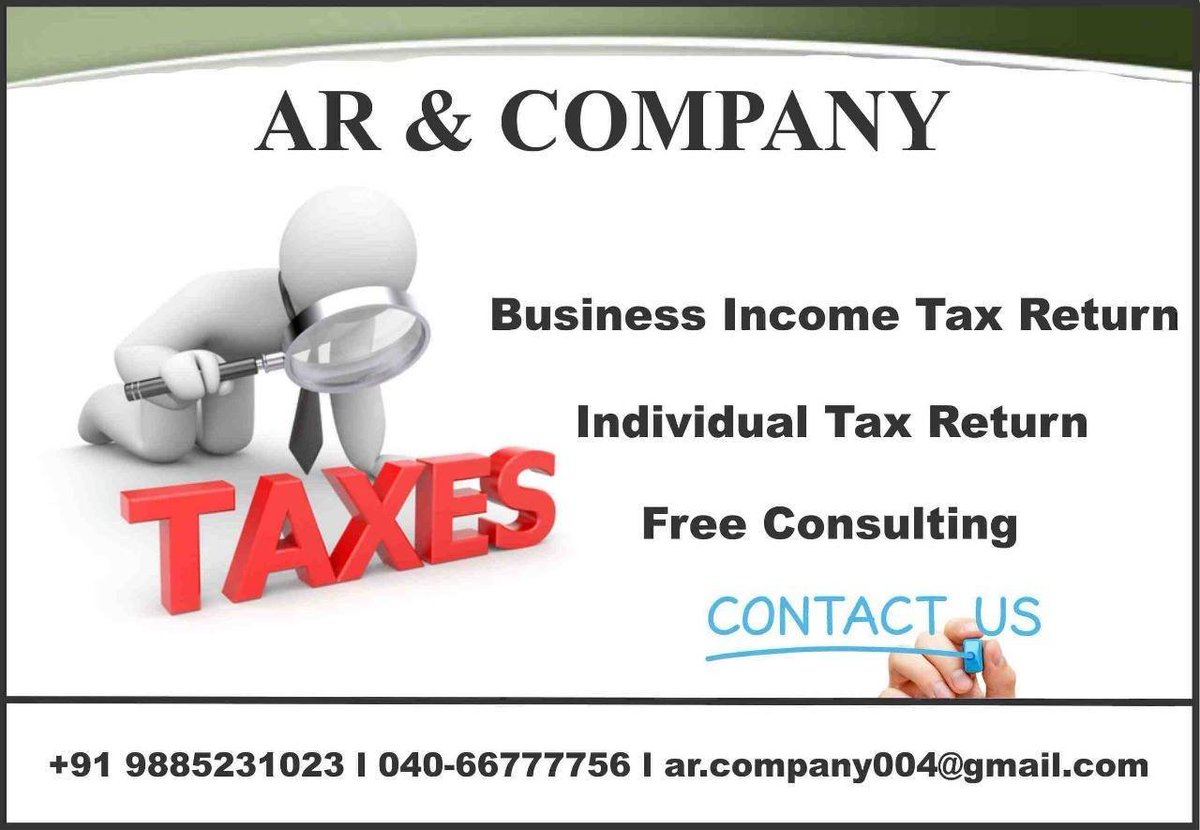 ARCompany6's tweet photo. Filing Income Tax Returns (ITR) is made easy with AR &amp; COMPANY' 
individual, partnership firm, company, Kindly Visit Our office:- ||AR &amp; COMPANY|| contact:-9885231023 / 8886339900#Accounting #Books of Accounts #Accounts #Auditing #Tax Filing #ITR Filing #Income Tax Filing https://t.co/7sE4qqxxtp