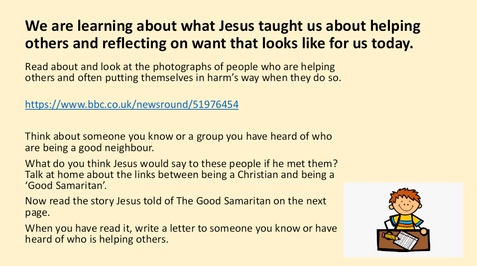 ClareYear's tweet photo. Here is your RE learning for this week. Understanding what it means to 'LOVE YOUR NEIGHBOUR' #restannese1 @StAnnesCPS https://t.co/zlBZNxMU8C
