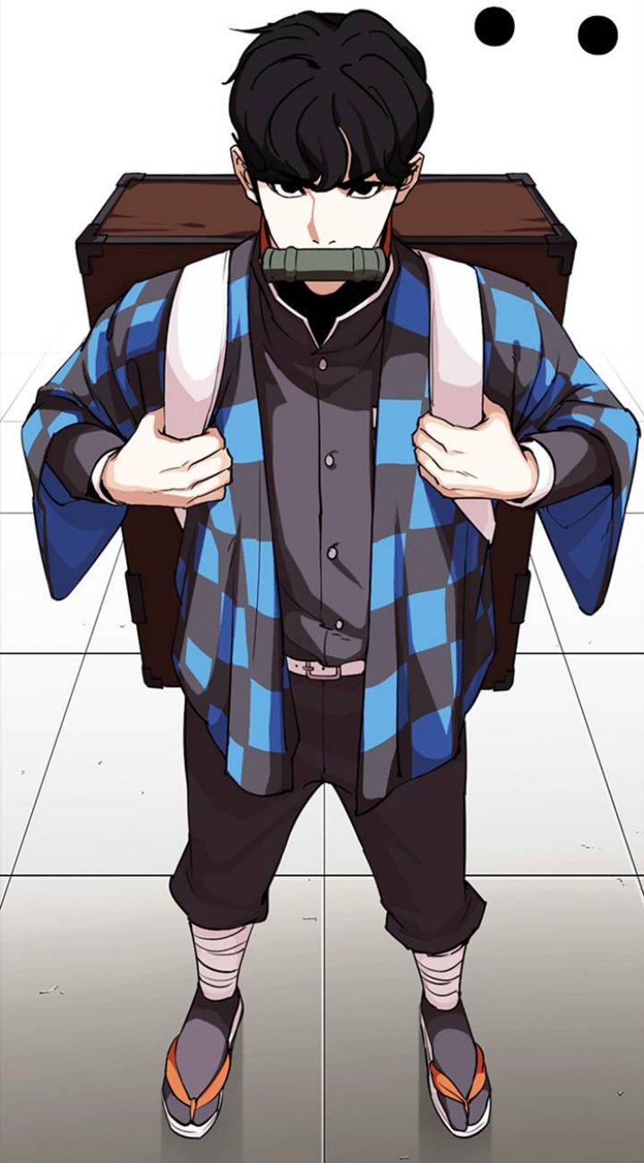alfa on X DOES THIS OUTFIT LOOK FAMILIAR TO YOU THE BAMBOO MUZZLE THE WOODEN BOX THE JAPANESE MIDDLE SCHOOL UNIFORM THE CHECKERED HAORI ANYTHING GUYS THINK THINK HARDER lookism danielpark