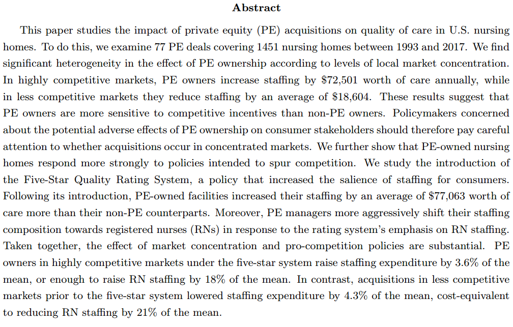 🚨Working Paper🚨 Private Equity, Consumers, and Competition: Evidence from the Nursing Home Industry" with YoungJun Song and Prabhava Upadrashta. (Retweets sincerely appreciated! #EconTwitter) 

Link: papers.ssrn.com/sol3/papers.cf…  

Thread below:  (1/N)