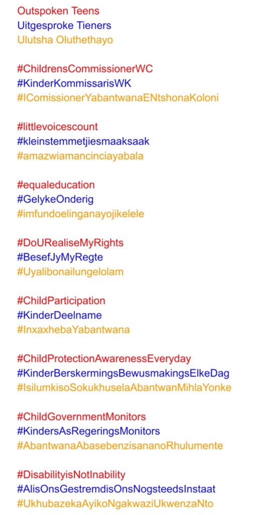 NomdoChristina's tweet image. The child government monitors were also challenged to translate child rights hashtags into other South African languages. Do you agree with our interpretation?
#OutSpokenTeens
#ChildGovernmentMonitors
#ChildrensCommissionerWC