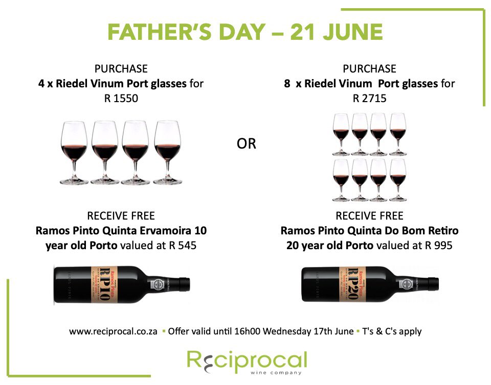 Reciprocal Wines (@reciprocalwine) on Twitter photo It’s Father’s Day this Sunday and we have the perfect gift!
Email adminjhb@reciprocal.co.za to place your order.
Offer valid until 16h00 on Wednesday 17th June.
#fathersday #fathersdaygifts #riedel #riedelafrica #riedelsa #ramospinto #itsreciprocal It’s Father’s Day this Sunday and we have the perfect gift!
Email adminjhb@reciprocal.co.za to place your order.
Offer valid until 16h00 on Wednesday 17th June.
#fathersday #fathersdaygifts #riedel #riedelafrica #riedelsa #ramospinto #itsreciprocal