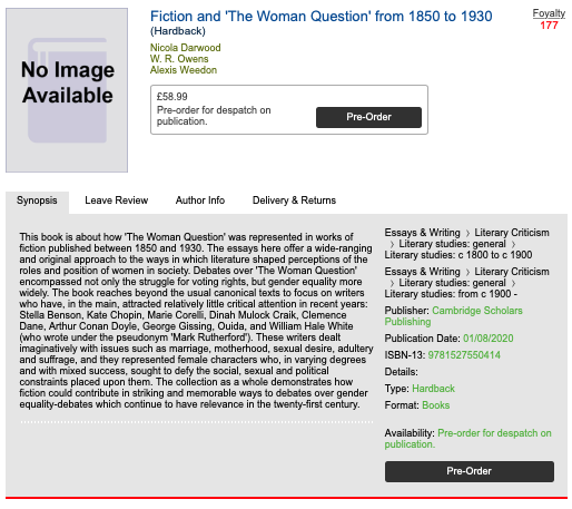GissingGeorge's tweet photo. "Fiction and The Woman Question from 1850 to 1930" @CamScholars is now available for preorder. Thx  @AlexisWeedon, @NicDarwood, &amp; Bob Owens @uniofbeds for shepherding this project to completion and for inviting me on it! #WomanQuestion #Victorian #modernist #GreatGissingRevival https://t.co/uu7F3r66Nv