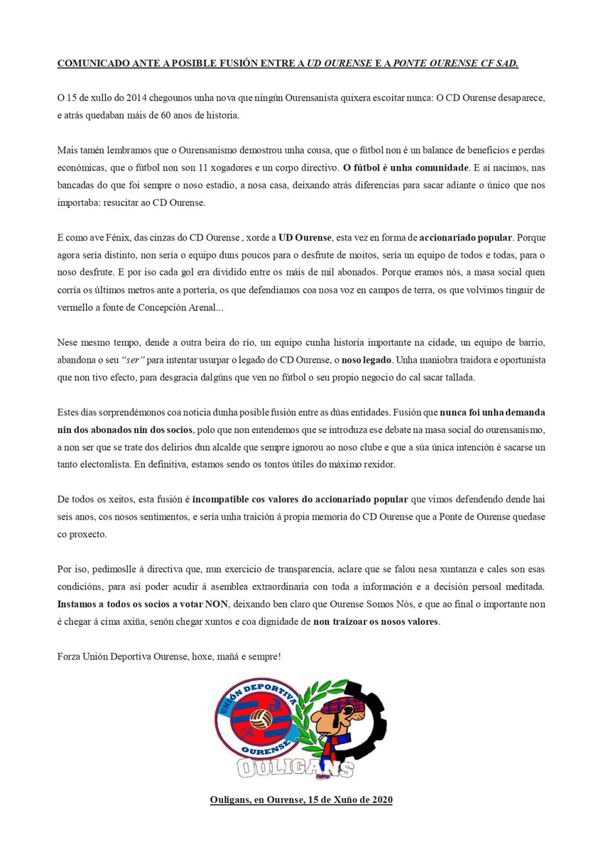 A nosa postura ante os rumores dunha posible fusión entre a UD Ourense e a Ponte. Xamáis traizoaremos os nosos valores.