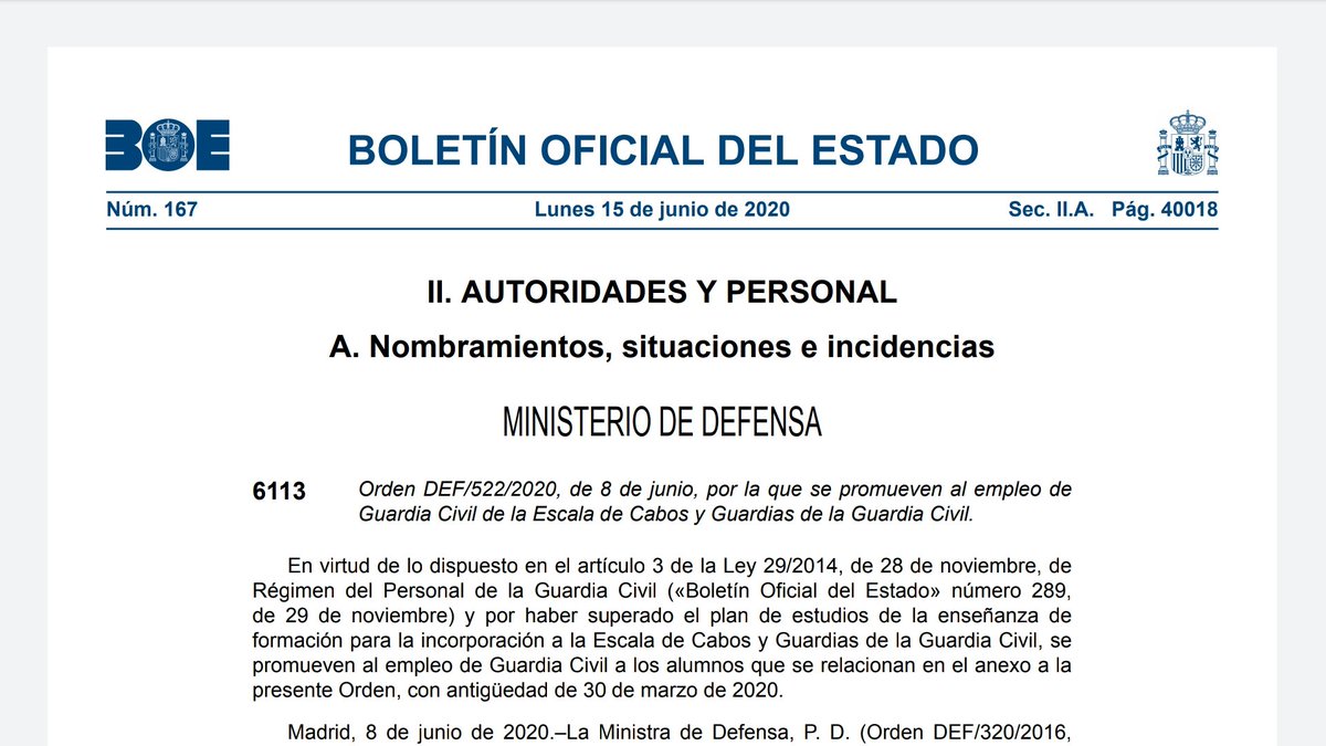 Nombramientos Guardias Civiles Profesionales 124ª
BOE del día de hoy, salen promovidos al empleo de Guardia Civil los alumnos en prácticas de la 124ª Promoción.
Mi más sincera Enhorabuena compañeros!!!!
boe.es/boe/dias/2020/…