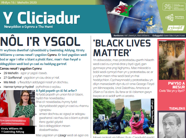 Mae rhifyn diweddaraf Y Cliciadur ar gael NAWR ar wefan <a href="/HwbNews/">Hwb</a>🙌

E-bapur newydd dwyieithog lliwgar, hawdd ei ddilyn i blant CA2 a CA3. Mae'n cynnwys newyddion am ein sefyllfa bresennol a gweithgareddau hwyliog i'w gwneud adref. 

Cliciwch yma👉hwb.gov.wales/search?query=c…

#yagym