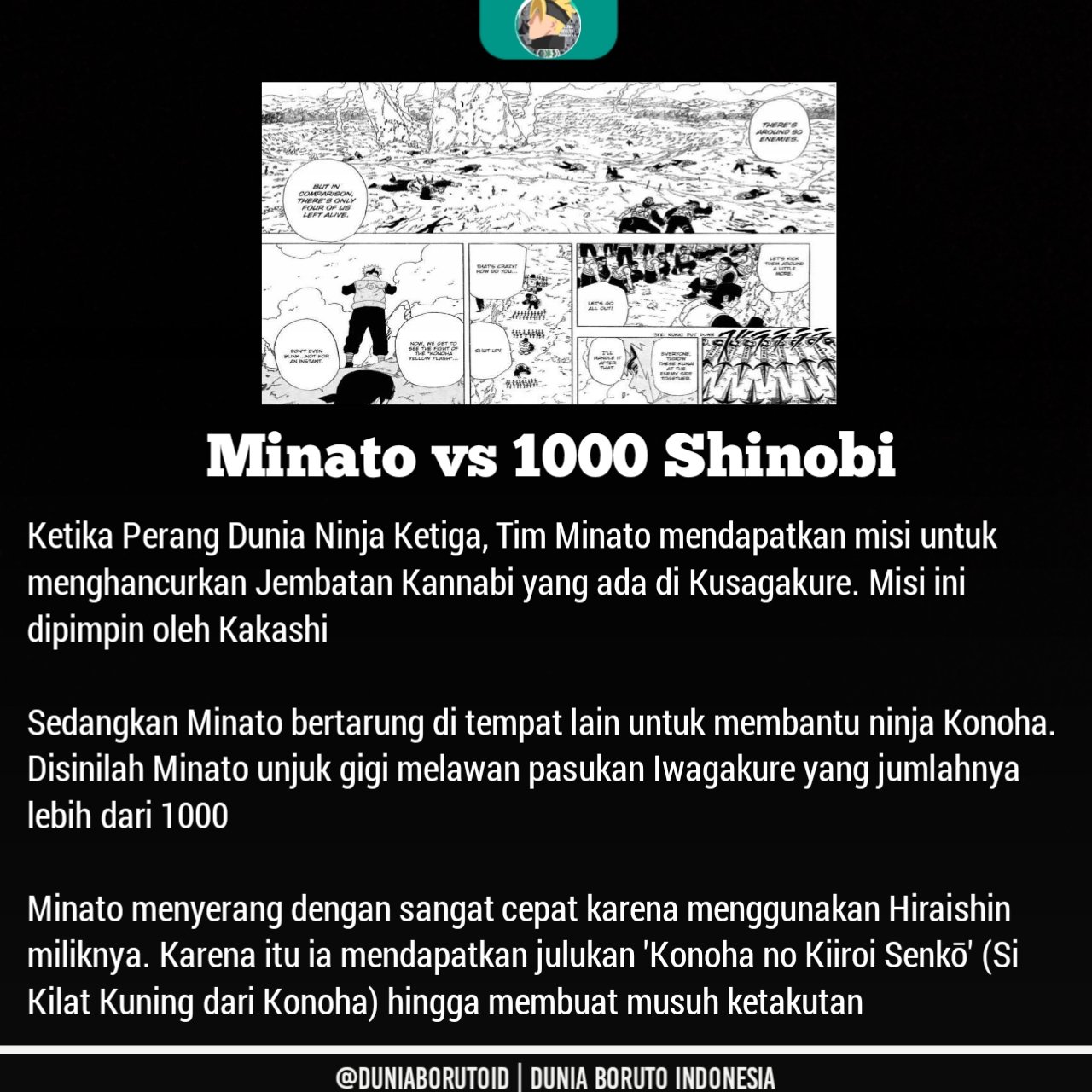 Dunia Boruto Id 在 Twitter 上 5 Hanzō Vs Legenda Sannin 6 Maito Dai Vs 7 Pendekar Pedang 7 Raikage Ketiga Vs 10 000 Shinobi 8 Minato Vs 1000 Shinobi T Co Sjp6tpepto Twitter