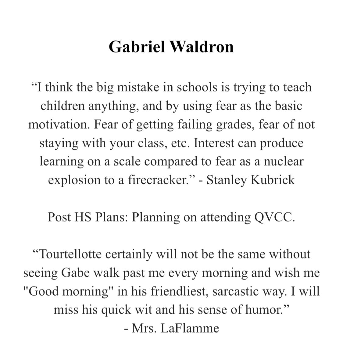 Today’s Senior Spotlight is Gabe Waldron!!