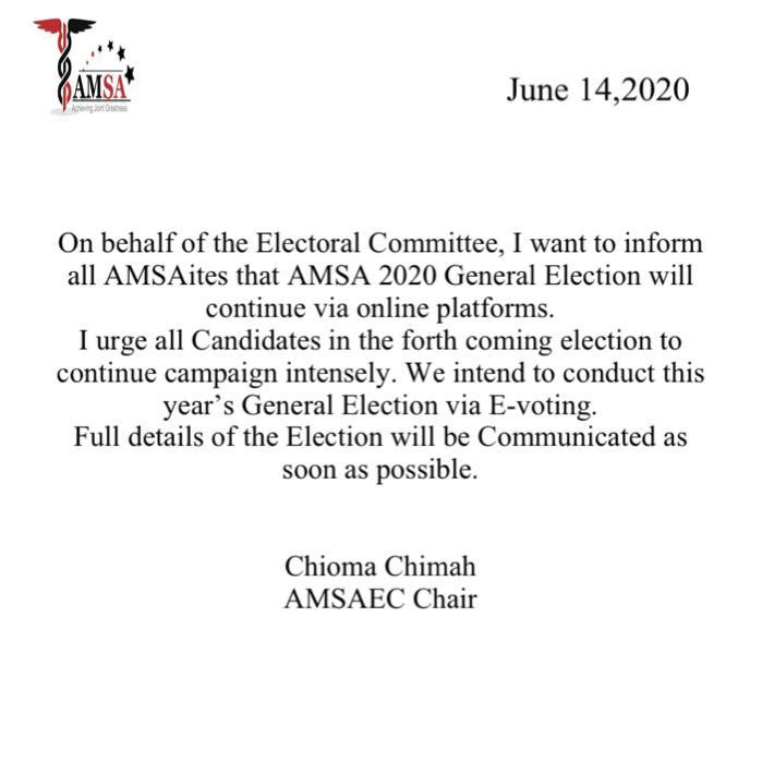 thegreatAMSA's tweet photo. Concerning AMSA general elections 2020
#AMSA2020
#AMSAdecides
#AMSAcares https://t.co/xaFDhHxZwV
