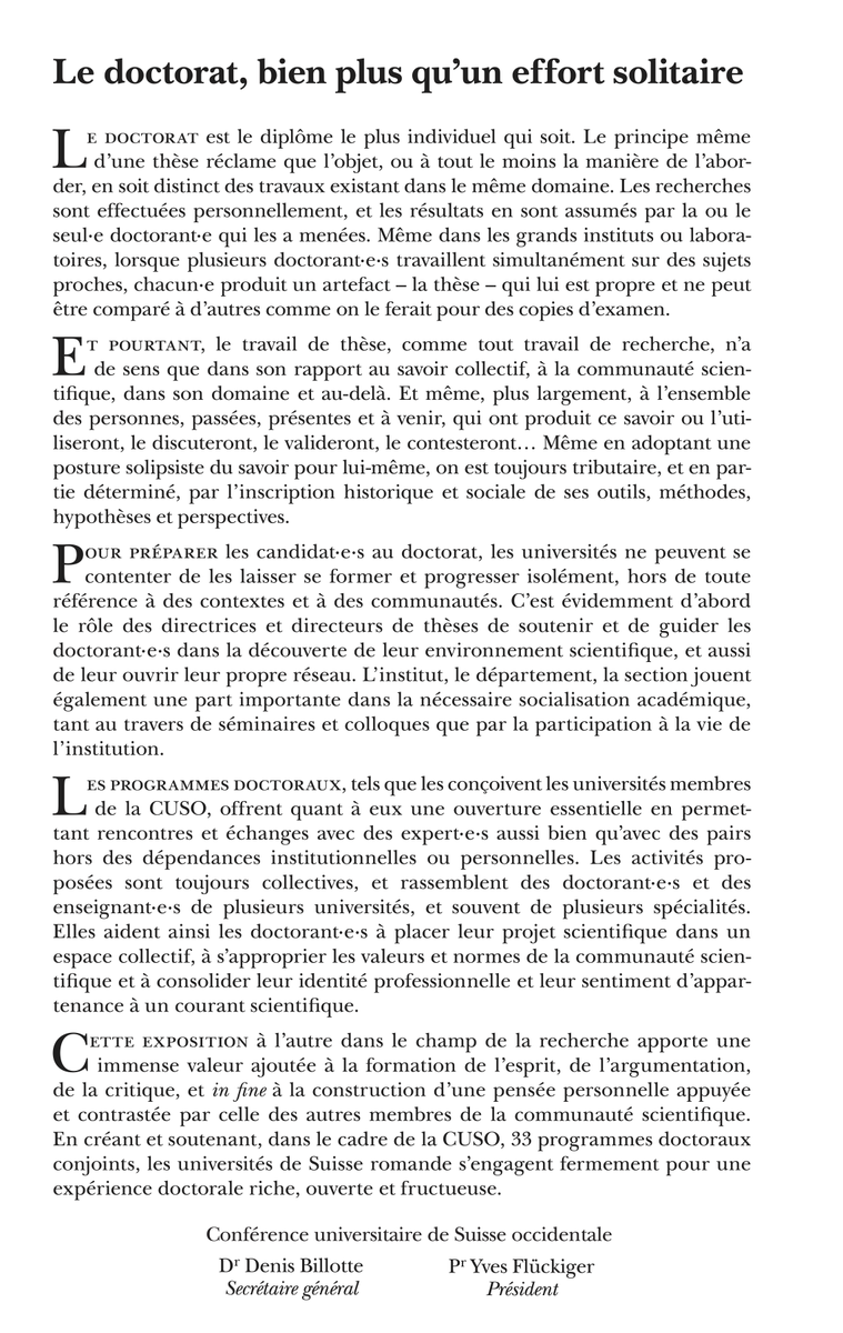 cuso_phd's tweet photo. Pas plus individuel que le #doctorat, mais pas de doctorat sans inscription dans le collectif. #Programmesdoctoraux conjoints @unifr, @unige, @unil, @unine (+ @graduateinstitute et @unibe) contribuent à socialisation des #doctorant·e·s. #CUSO rapport 2019: https://t.co/vIMmDqWUf0 https://t.co/fIJzKVWyVA