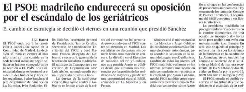 IdiazAyuso's tweet photo. El PSOE anuncia que hará campaña con las residencias de ancianos. Y la noticia sostiene que es culpa mía por haber sido crítica con el Gobierno. 

Es decir, por haber hecho mi trabajo. https://t.co/apDwlnNsNu