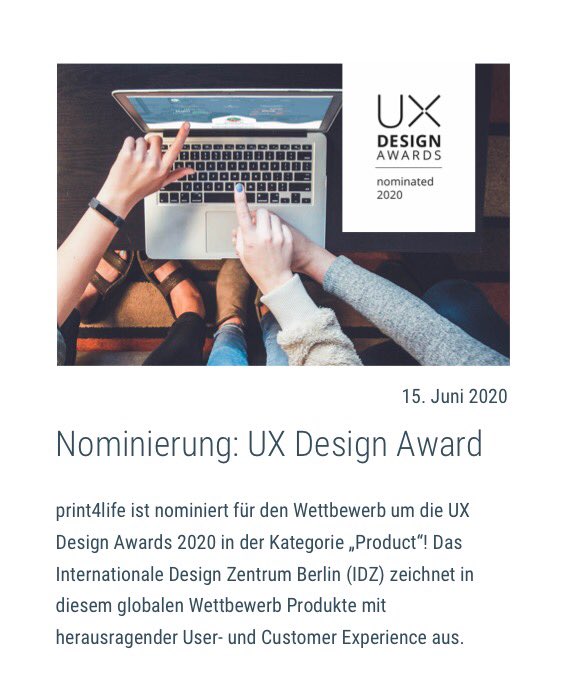 print4life, unser #WirVsVirus-Hackathon-Projekt, wurde für die diesjährigen UX Design Awards nominiert! #UXDA20 

Wir freuen uns riesig über die Auszeichnung und sind gespannt auf die Ausstellung der Projekte und die Award-Verleihung! Jetzt heißt es: Daumen drücken! ✊