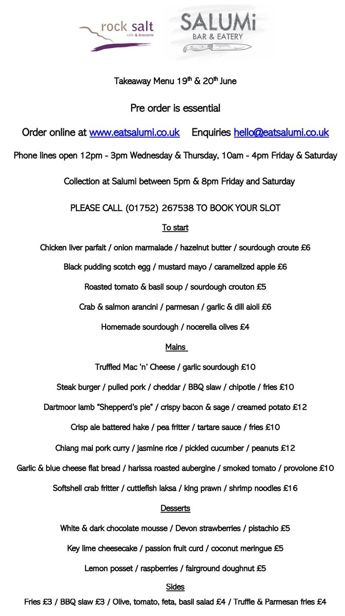 Menu for this weekend, online ordering open now! Phone lines open Wednesday from 12pm. Book now to get your slot!

Thanks again to everyone who supported us last weekend on our first weekend back! It was a sell out! We’re thrilled to be back doing what we love. See you soon!