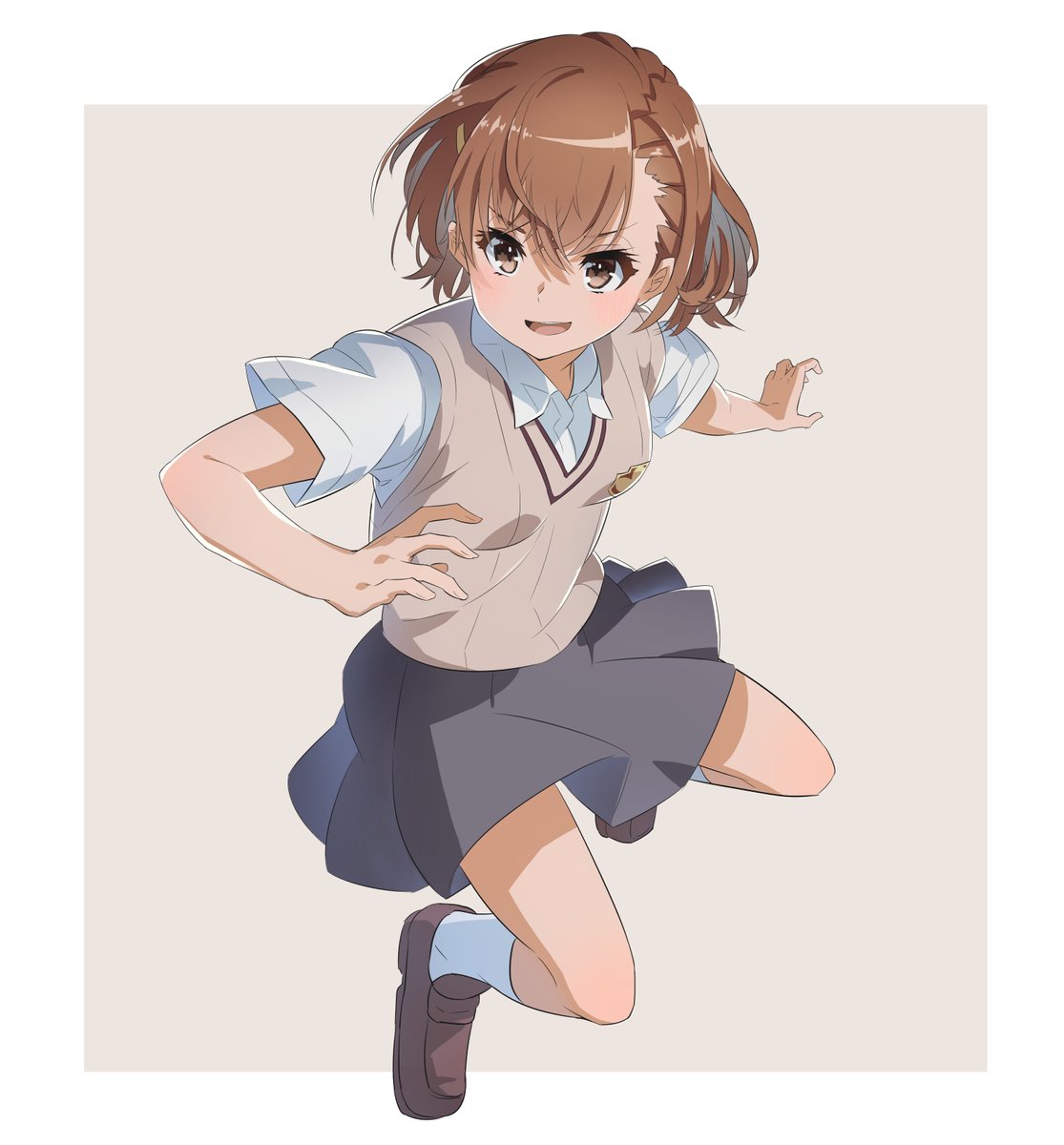 misaka mikoto 1girl solo school uniform tokiwadai school uniform brown hair brown eyes skirt  illustration images