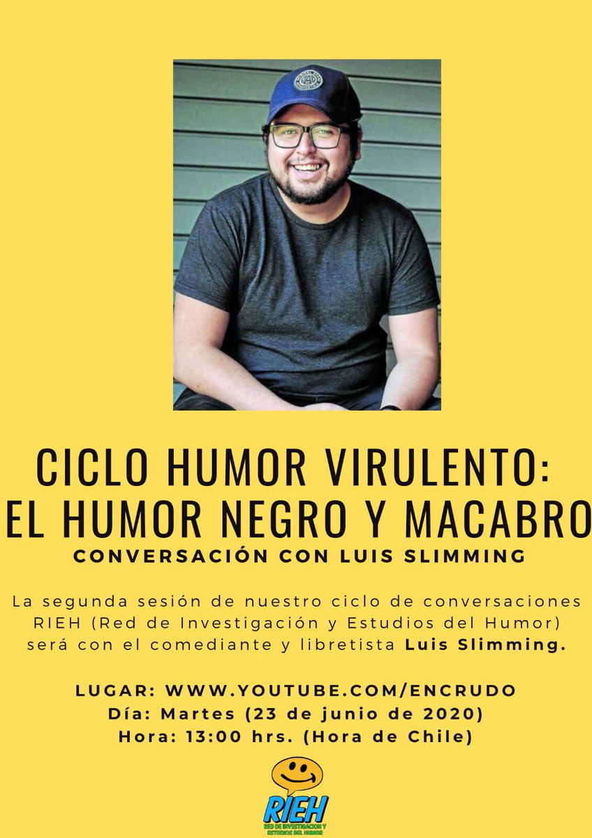 El próximo martes (23 de junio) tendremos a <a href="/doncomedia/">Cristián Dominic</a> en el ciclo de conversaciones de <a href="/RiehOnline/">RIEH (Red de investigación y estudios del Humor)</a> . Esto será transmitido por youtube.com/encrudo