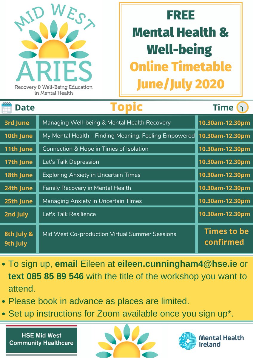 MidWestAries's tweet photo. Our 2 free online workshops this week are "Let's Talk Depression" &amp; "Exploring Anxiety". Spaces are still available if you or someone you know are interested in signing up! All happening with the support from @CommHealthMW, @MentalHealthIrl and @Recovery_Ire. https://t.co/TmWRc6OmYD
