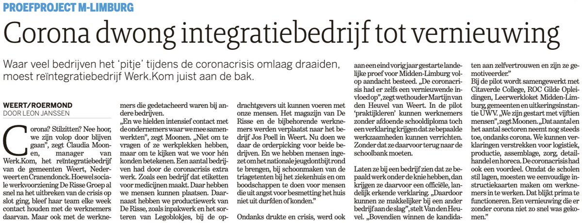 Werk.Kom denkt creatief in tijden van #Corona!
Lees hier het artikel over vernieuwing bij het #reïntegratiebedrijf tijdens de corona-crisis. <a href="/gemeenteweert/">Gemeente Weert</a> <a href="/GemNederweert/">Gemeente Nederweert</a> <a href="/Gem_Cranendonck/">Gemeente Cranendonck</a>