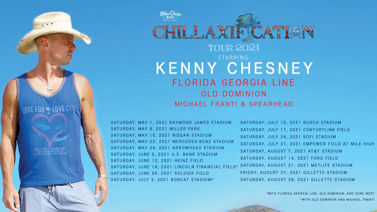 AcrisureStadium's tweet photo. Great news!

The @kennychesney #Chillaxification Tour has new dates set! 

🗓️: June 12, 2021

The tour will visit 18 venues with the same lineup of special guests: Florida Georgia Line, Old Dominion and Michael Franti &amp; Spearhead.

🤠: https://t.co/5C0j2HYCNn https://t.co/W1C5dQG1Nh