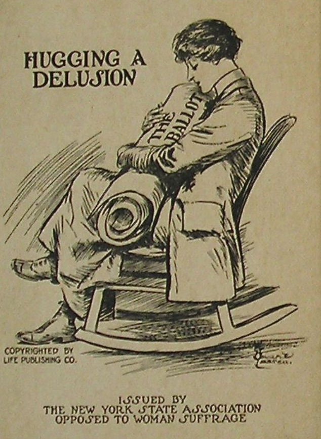 Showing wanton destruction is about presenting women as not only violent, but also irrational. A big part of anti-women's suffrage propaganda was about showing that women don't have the mental capacity to vote, or that those who want to vote are delusional. 9/