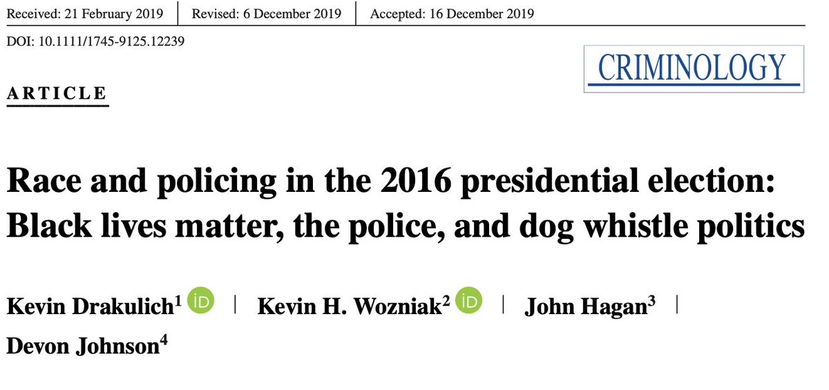 193/ "Those who... shared ... the belief that racially disparate policing practices are a problem were substantially less likely to vote for Donald Trump... On the other side... support for the police was only associated with vote choice among those with high racial resentment."