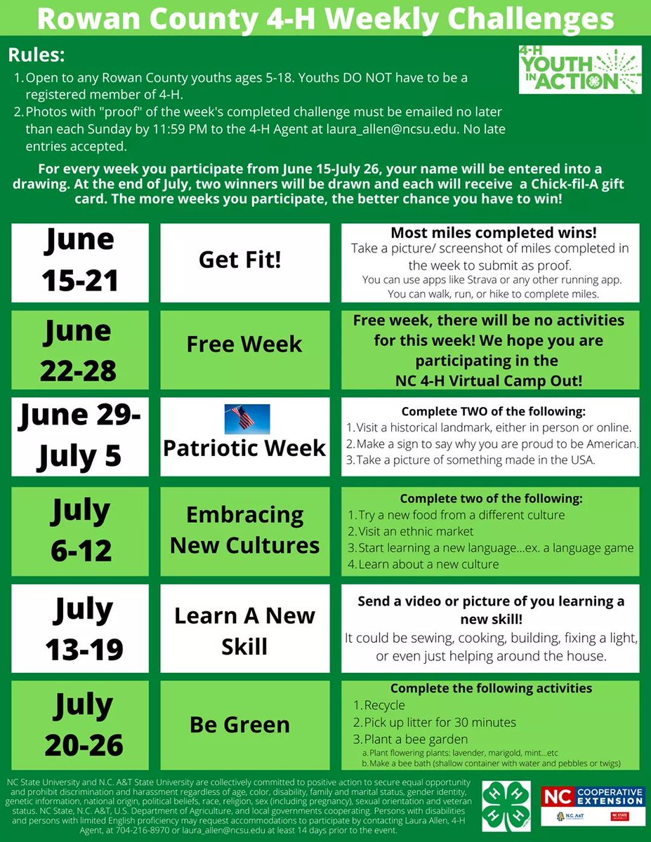 LHAllen86's tweet photo. Get your kids involved in the Rowan 4-H Weekly Challenges. Youth DO NOT have to be in 4-H to participate. Chick-fil-A gift cards up for grabs! #Rowan4H #yourRowan #Challengeyourself https://t.co/zlsgFbhk4Z