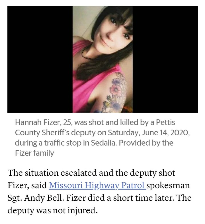 PJAxemurderer's tweet photo. Her name was Hannah Fizer. She was 25 years old and recently promoted to manager at the gas station she worked at. She was pulled over on her way to work last night for unknown reasons and executed for being "noncompliant." The deputy who murdered her claims she threatened him. https://t.co/wgJuqKnUCy