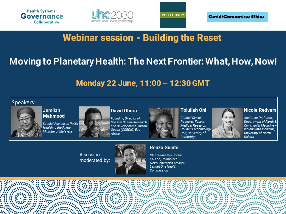 governance_hs's tweet photo. WEBINAR ALERT 🚨 #buildingthereset
"Moving to Planetary Health: The Next Frontier: What, How, Now!
Monday 22 June @ 11:00 GMT
With #JamilahMahmood @dobura @DrTolullah @DrNicoleRedvers adn @RenzoGuinto
Info & registration:
https://t.co/Wek2XByHnB https://t.co/lO2wYMqF0b