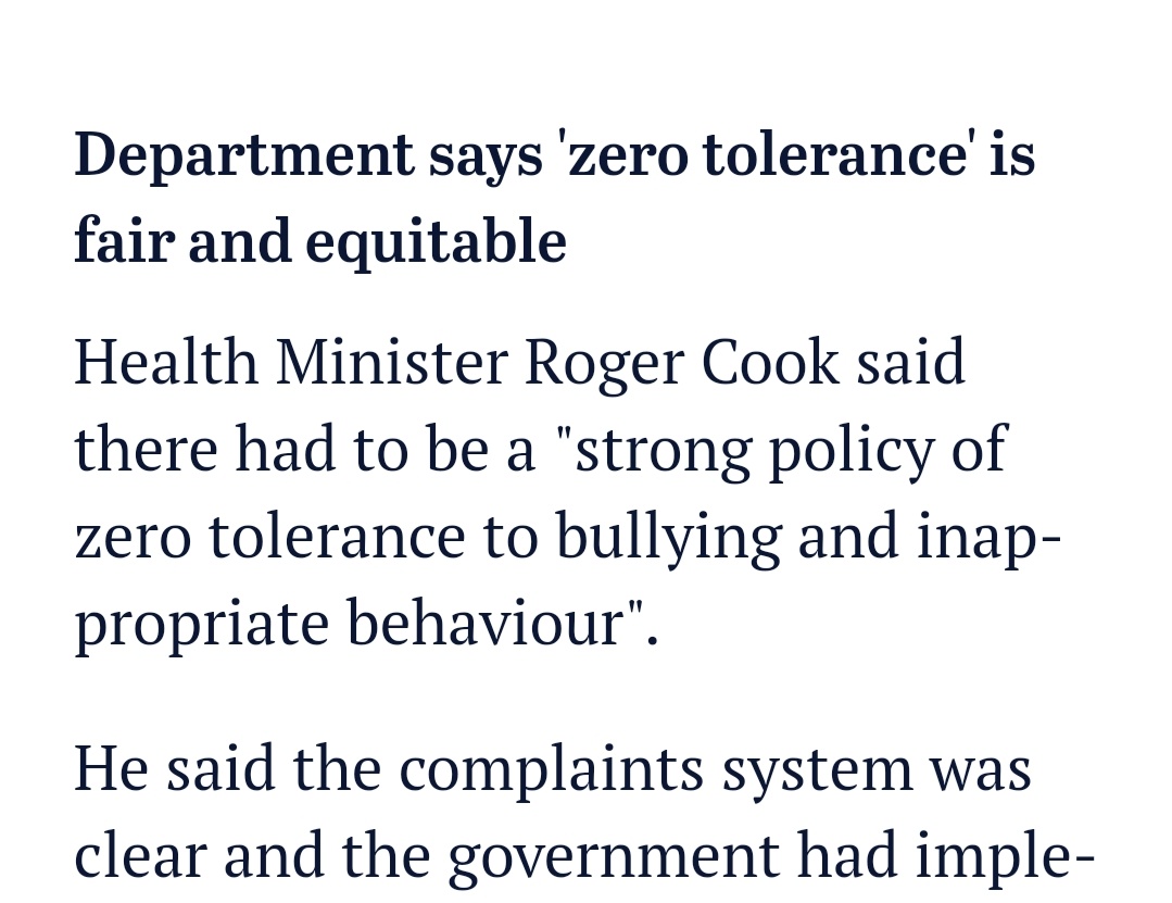 However, 'zero tolerance', while cognitively appealing and understandably human, does not recognise the complexity of healthcare nor the importance of context in judging how behaviour is perceived.Zero tolerance is neither fair nor equitable.  @RogerCookMLA