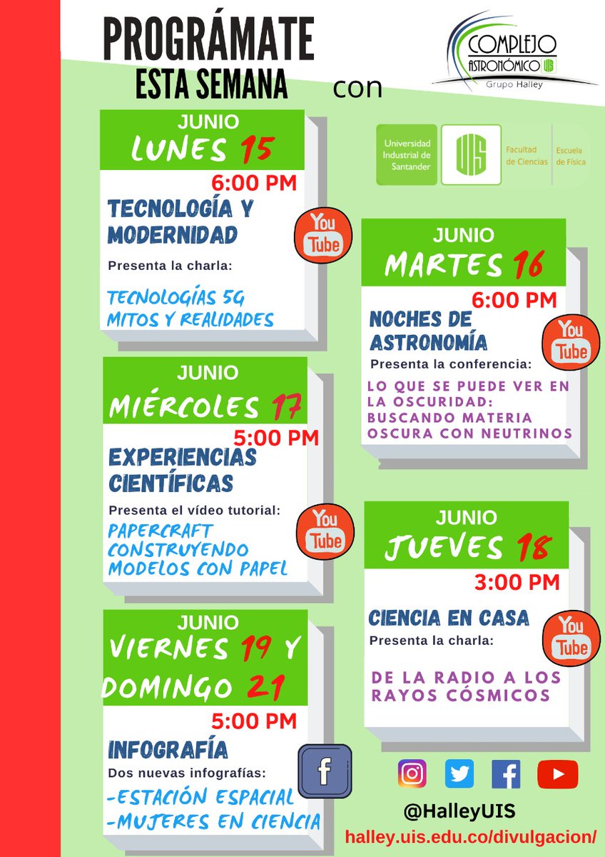 halleyUIS's tweet photo. Prográmate con el Halley, los invitamos a participar en las actividades que tenemos para esta semana del 1️⃣5️⃣ al 2️⃣1️⃣ de junio

¡Los esperamos!
#HalleyUIS #HalleyEnCasa #AstroCasa #CienciaEnCasa #CienciasUIS #UIS #Bucaramanga https://t.co/h2eHZZoioy