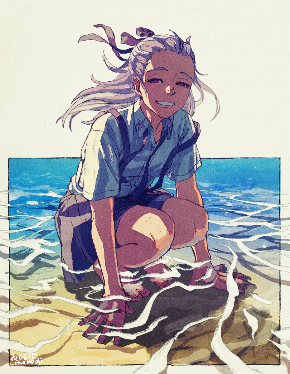 1girl suspenders solo smile squatting beach shirt  illustration images