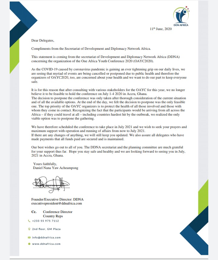 AfricaDdn's tweet photo. STATEMENT FROM THE SECRETARIAT OF DEVELOPMENT AND DIPLOMACY NETWORK AFRICA TO OAYC 2020 DELEGATES ON THE POSTPONEMENT OF THE ONE AFRICA YOUTH CONFERENCE.
#ddna #oneafricayouthconference2020 #oayc2020 https://t.co/Emc59LDTId