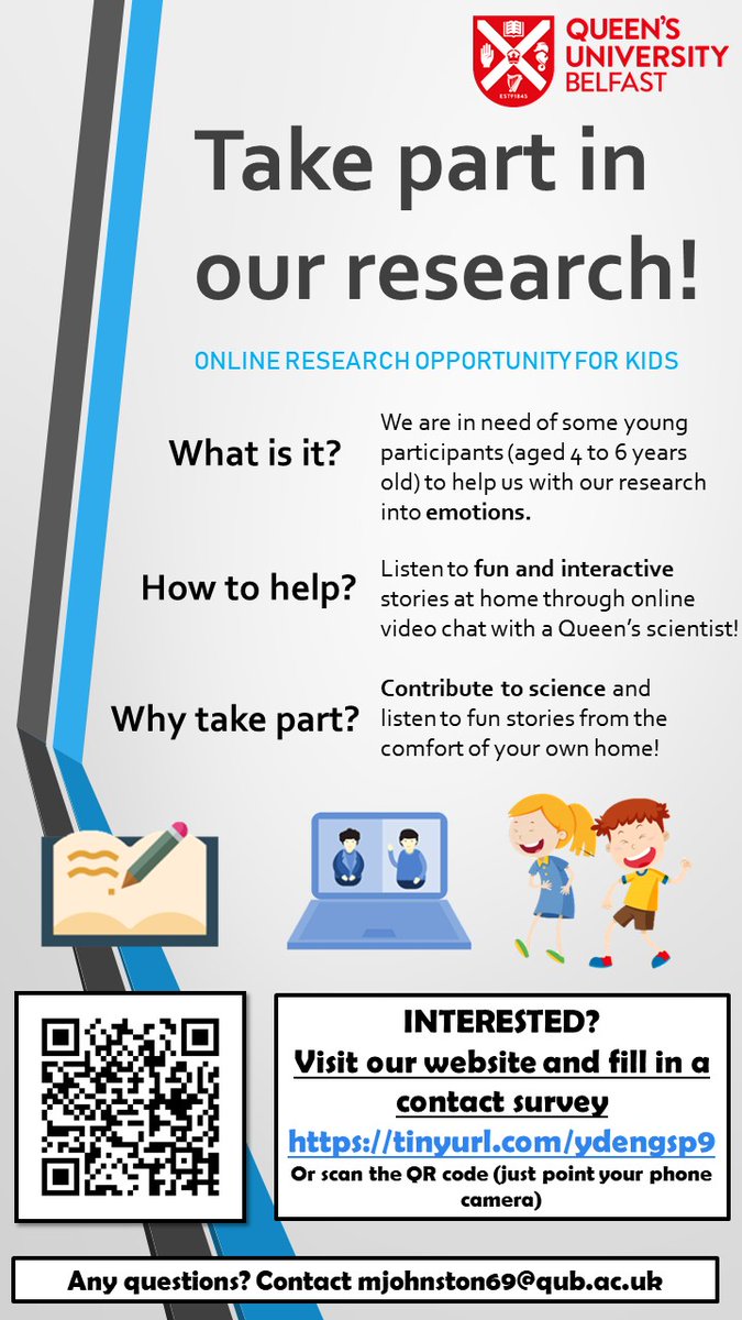 Parents, in case you missed it last month:
We are looking for young participants (now 4-6 yrs) to take part in an online study about emotions. Your child will watch cartoons &amp; will be asked to think about how different characters may be feeling.   Visit: ow.ly/KOB750zMByN
