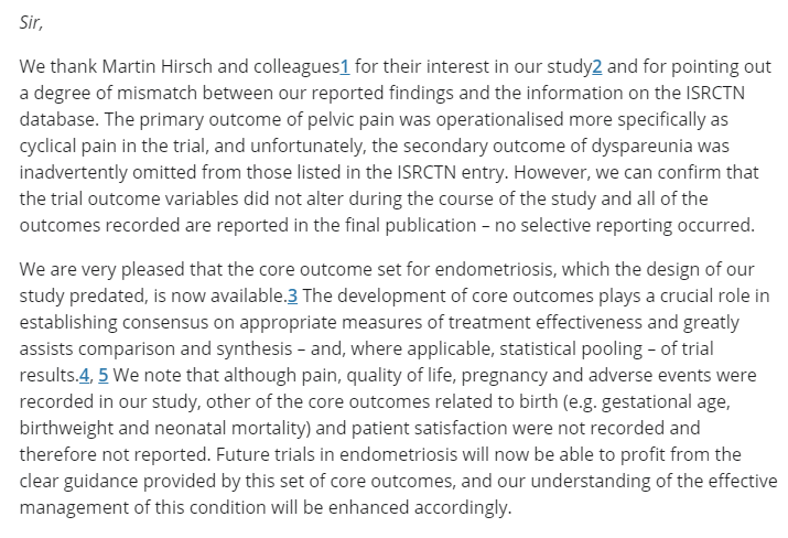 Dr James M N Duffy (archived) (@jamesmnduffy) on Twitter photo @CindyFarquharNZ <a href="/martinhirsch100/">Dr Martin Hirsch</a> and I are really grateful to Gourab, Julius, Keira, and Thomas for responding to our letter tracking outcome reporting across endometriosis trials <a href="/EndoOutcomes/">endo:outcomes</a>
obgyn.onlinelibrary.wiley.com/doi/full/10.11… @CindyFarquharNZ <a href="/martinhirsch100/">Dr Martin Hirsch</a> and I are really grateful to Gourab, Julius, Keira, and Thomas for responding to our letter tracking outcome reporting across endometriosis trials <a href="/EndoOutcomes/">endo:outcomes</a>
obgyn.onlinelibrary.wiley.com/doi/full/10.11…