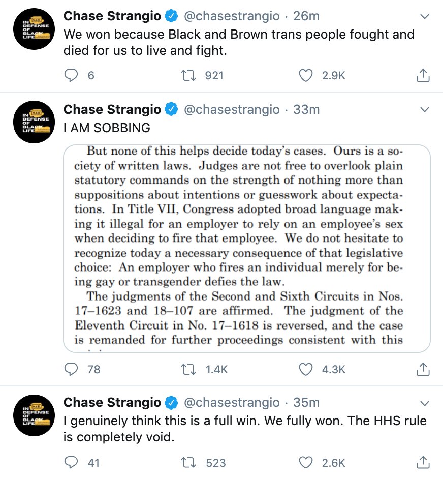 anushkapatil's tweet photo. there's a profundity to seeing @chasestrangio, one of the ACLU lawyers who represented aimee stephens, react to the ruling in realtime that i don't know how history books could capture https://t.co/nVtqmV9xrs