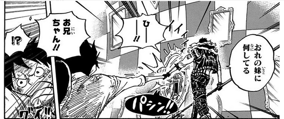 康一君 俺の妹に何してる と割って入るカタクリ兄さんはもちろんかっこいいけど しゃしゃり出てきたブリュレに うるせェな どっか行ってろ と即殴りに行ってるルフィも最高の一連の流れ