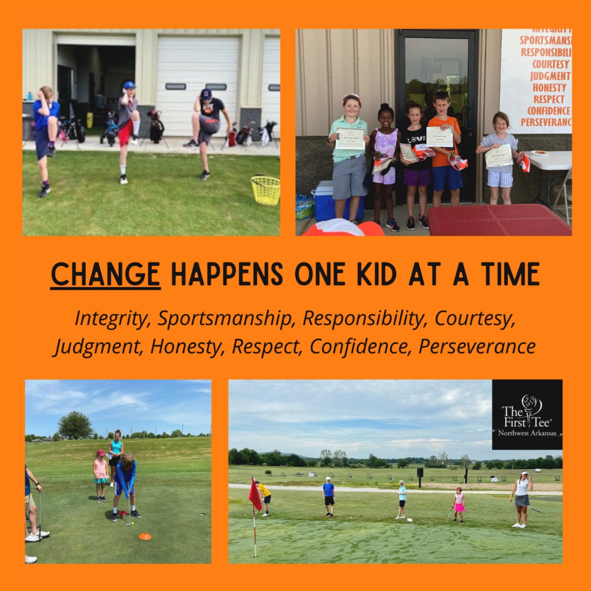 FirstTeeNWA's tweet image. We use 9 core values to help with youth character development using golf. We know kids are the future, and we want to reach as many as we can, your CHANGE can help with that! Donate your change through our Round Up program - text TEE to 269-89. Your change can make a difference!