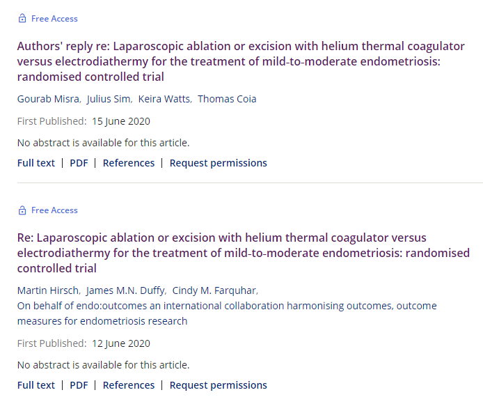 Dr James M N Duffy (archived) (@jamesmnduffy) on Twitter photo Laparoscopic ablation or excision with helium thermal coagulator versus electrodiathermy for the treatment of mild‐to‐moderate endometriosis
Outcome tracking
Trial: obgyn.onlinelibrary.wiley.com/doi/abs/10.111…
<a href="/EndoOutcomes/">endo:outcomes</a> letter: obgyn.onlinelibrary.wiley.com/doi/full/10.11…
Reply:
obgyn.onlinelibrary.wiley.com/doi/full/10.11… Laparoscopic ablation or excision with helium thermal coagulator versus electrodiathermy for the treatment of mild‐to‐moderate endometriosis
Outcome tracking
Trial: obgyn.onlinelibrary.wiley.com/doi/abs/10.111…
<a href="/EndoOutcomes/">endo:outcomes</a> letter: obgyn.onlinelibrary.wiley.com/doi/full/10.11…
Reply:
obgyn.onlinelibrary.wiley.com/doi/full/10.11…