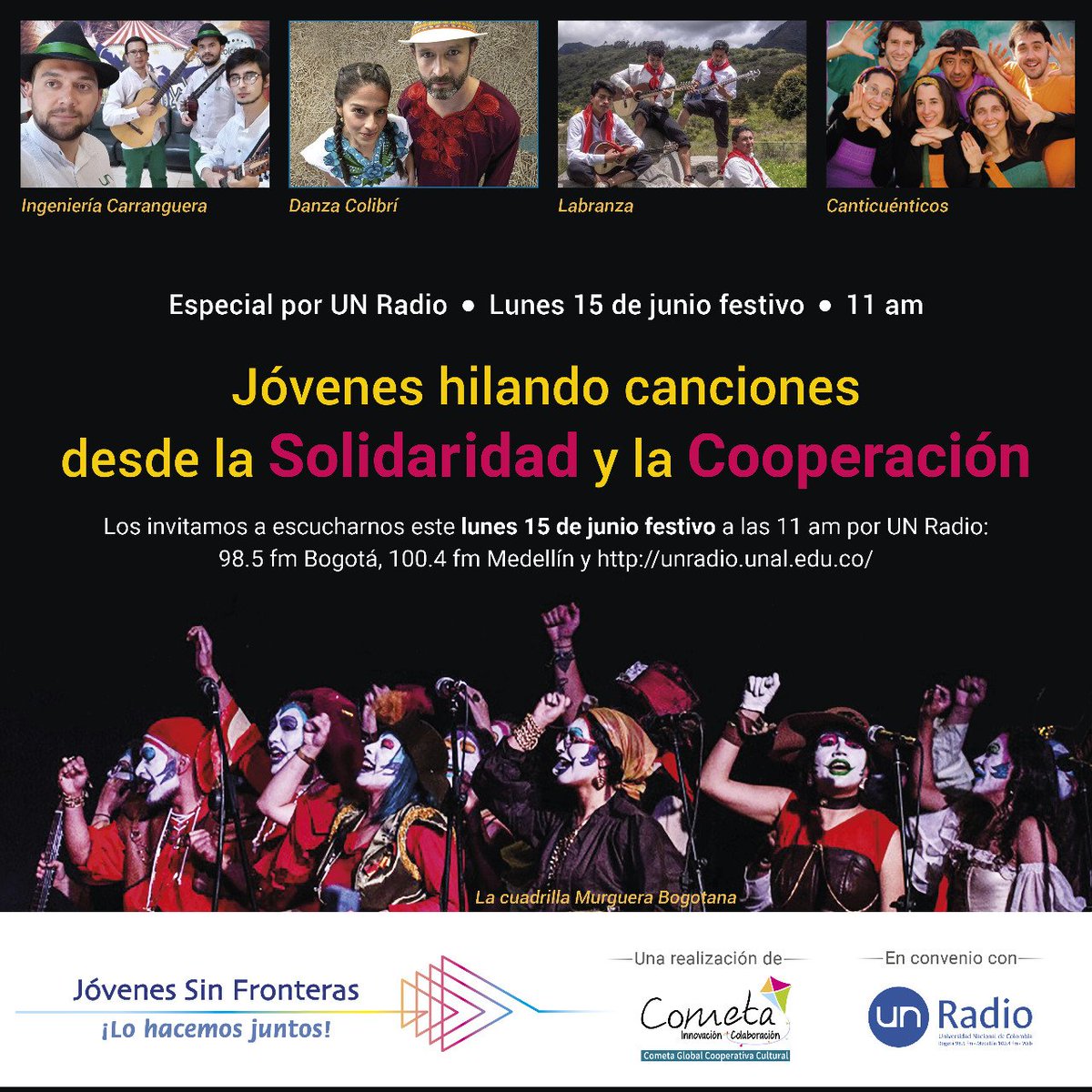 JovenesSF's tweet photo. Amigos hoy a las 11am un nuevo programa de Jóvenes sin Fronteras en #FestivosUnRadio @985unradio
Un espacio para reflexionar e hilar canciones desde la solidaridad y la cooperación. 🙂🤝❤️
¡Bienvenidos! https://t.co/hknrVjGwVj