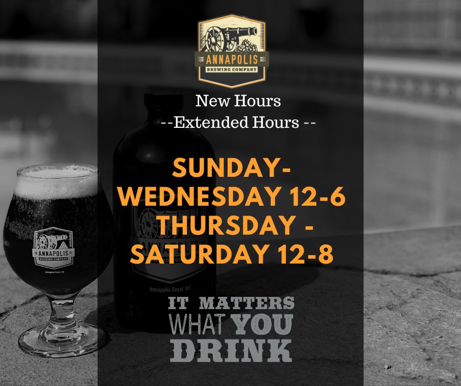 We're open 7 days a week again with some new hours, looking forward to seeing everyone #NScraftBeer #AnnapolisRoyal #Drinklocal