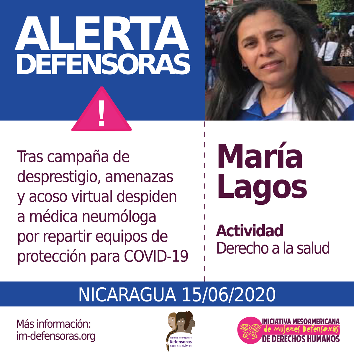 IM_Defensoras's tweet photo. 📢🚨🆘 #AlertaDefensoras NICARAGUA / Tras campaña de desprestigio, amenazas y acoso virtual despiden a médica neumóloga por repartir equipos de protección para #COVID19.
📌 Más información➡️https://t.co/Vw0oIEUZHO https://t.co/efO6FaesV8