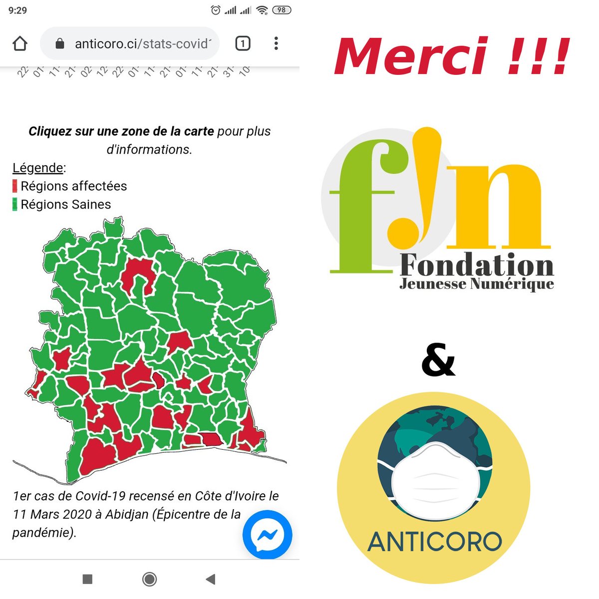 #Merci pour votre #Confiance !
Nous remercions la Fondation Jeunesse Numérique qui par le biais de Mme la Directrice Executive LINDA VALLÉE a pu intégrer notre carte interactive sur leur plateforme partenaire ANTICORO.

🌎covid19-ci.info
<a href="/FondationJN/">Fondation Jeunesse Numérique</a>