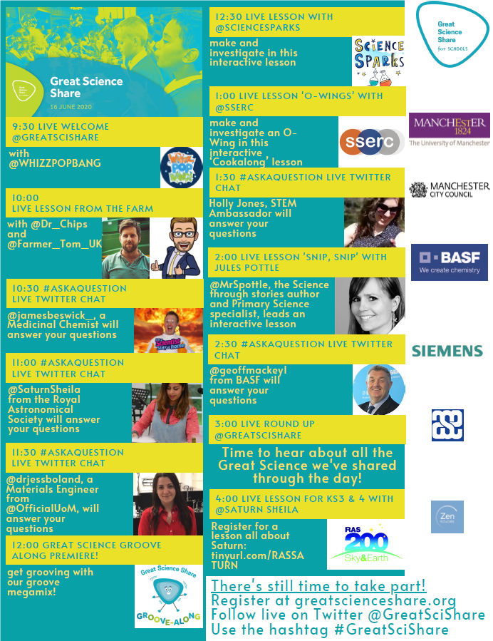GreatSciShare's tweet photo. Tomorrow is going to be EPIC! Visit our website to see the full schedule and to register - https://t.co/W010d9xPqs  - join us for lots of science fun! 🤩🤩🤩

#GreatSciShare #ScienceFromHome 
@BASF_UK @PA_Schools @theASE @Siemens @ZenEducate @OfficialUoM… https://t.co/eTSPnq9VOc