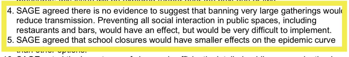 39/. In the same short paragraph, SAGE acknowledges the fact that stopping social interaction would “have an effect” BUT “there is no evidence to suggest that banning very large gatherings would reduce transmission”.Schools, pubs restaurants etc were kept open for 18 more days.